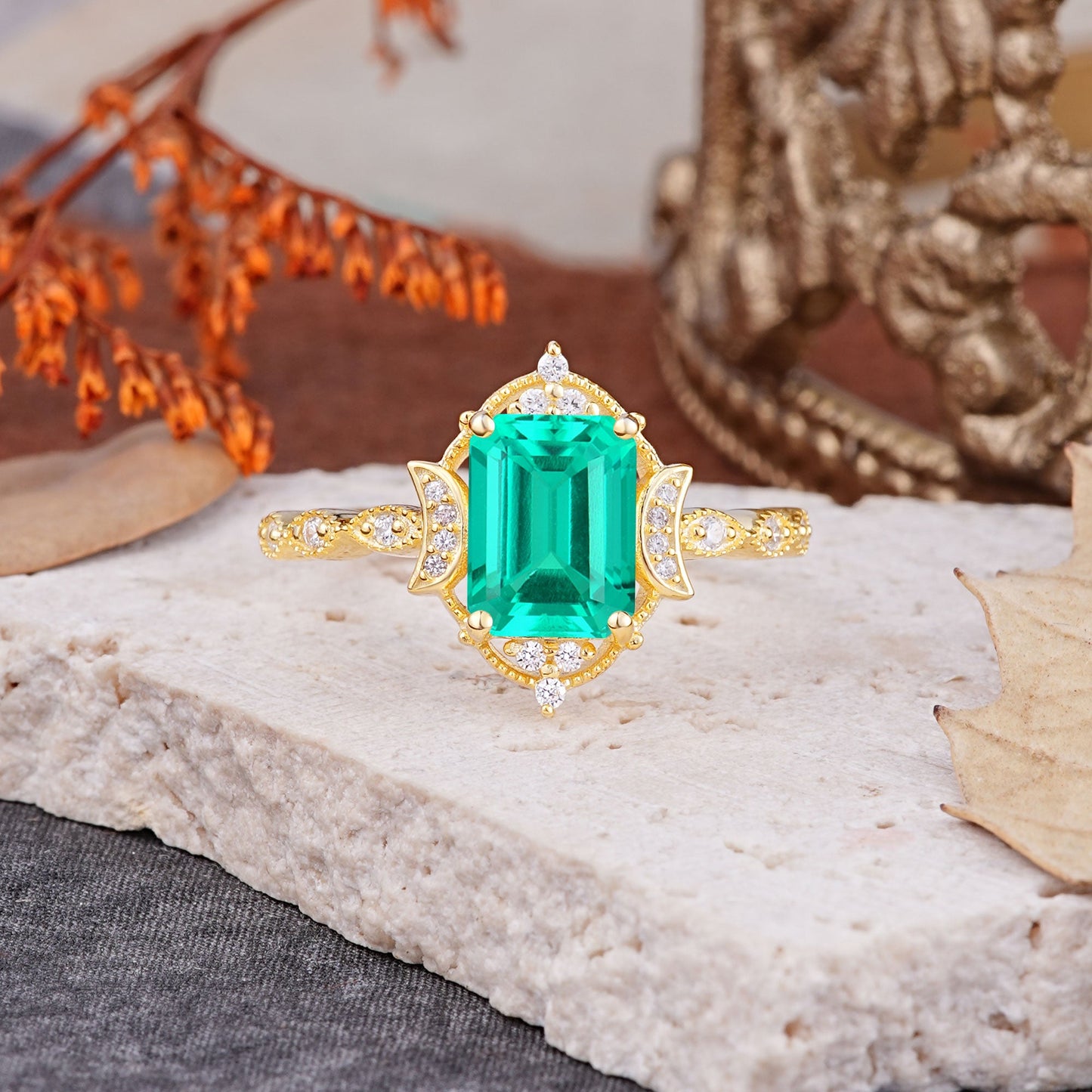 Classic Sparkling Radiant Cut Emerald Engagement Ring with Vintage Halo