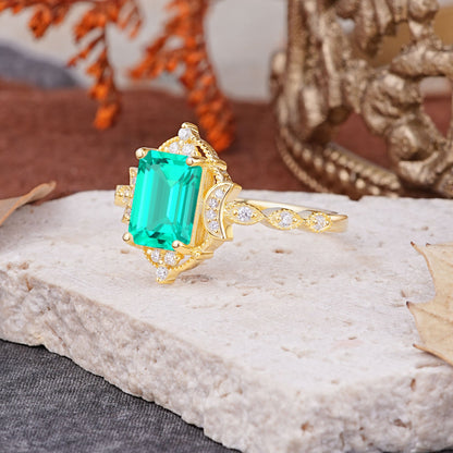 Classic Sparkling Radiant Cut Emerald Engagement Ring with Vintage Halo