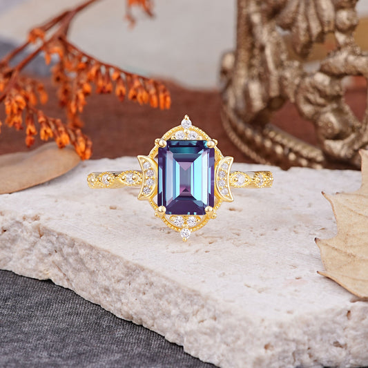 Classic Sparkling Radiant Cut Alexandrite Engagement Ring with Vintage Halo