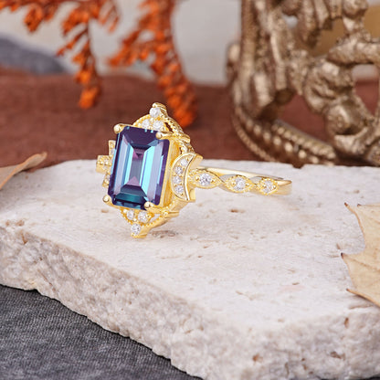 Classic Sparkling Radiant Cut Alexandrite Engagement Ring with Vintage Halo
