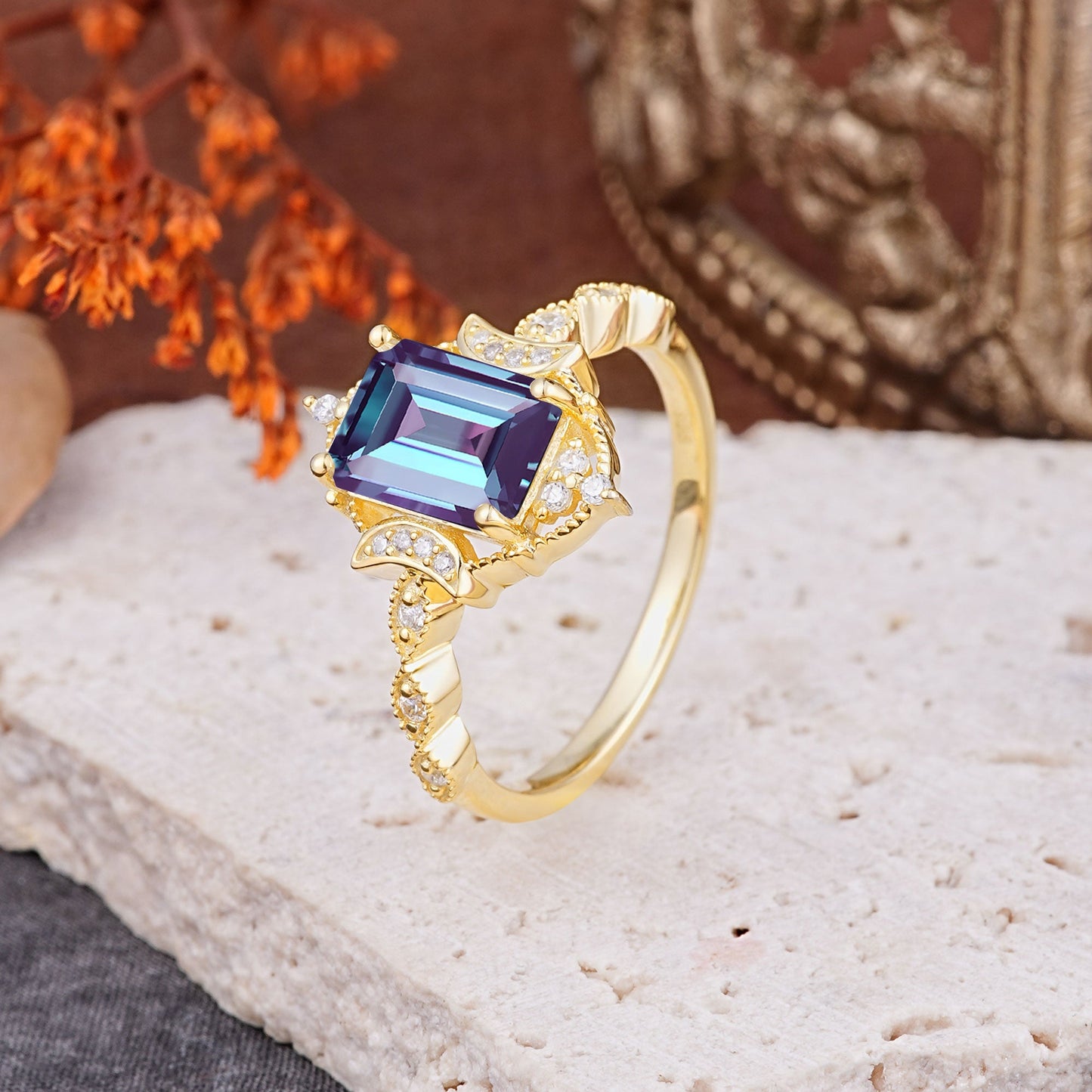 Classic Sparkling Radiant Cut Alexandrite Engagement Ring with Vintage Halo