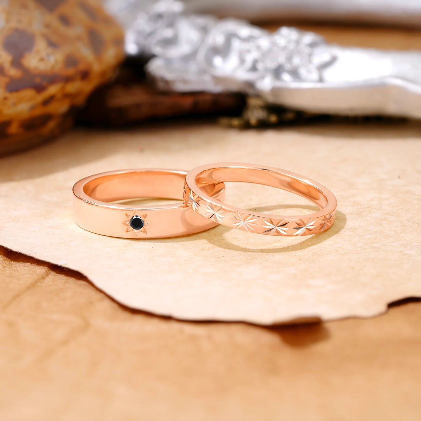 Minimalist Round Cut Starburst-Accented Black Onyx Wedding Ring for Couples
