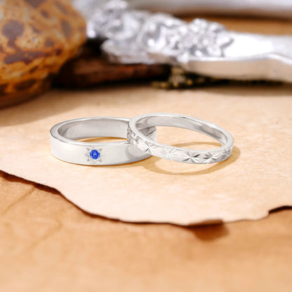 Minimalist Round Cut Starburst-Accented Sapphire Wedding Ring for Couples