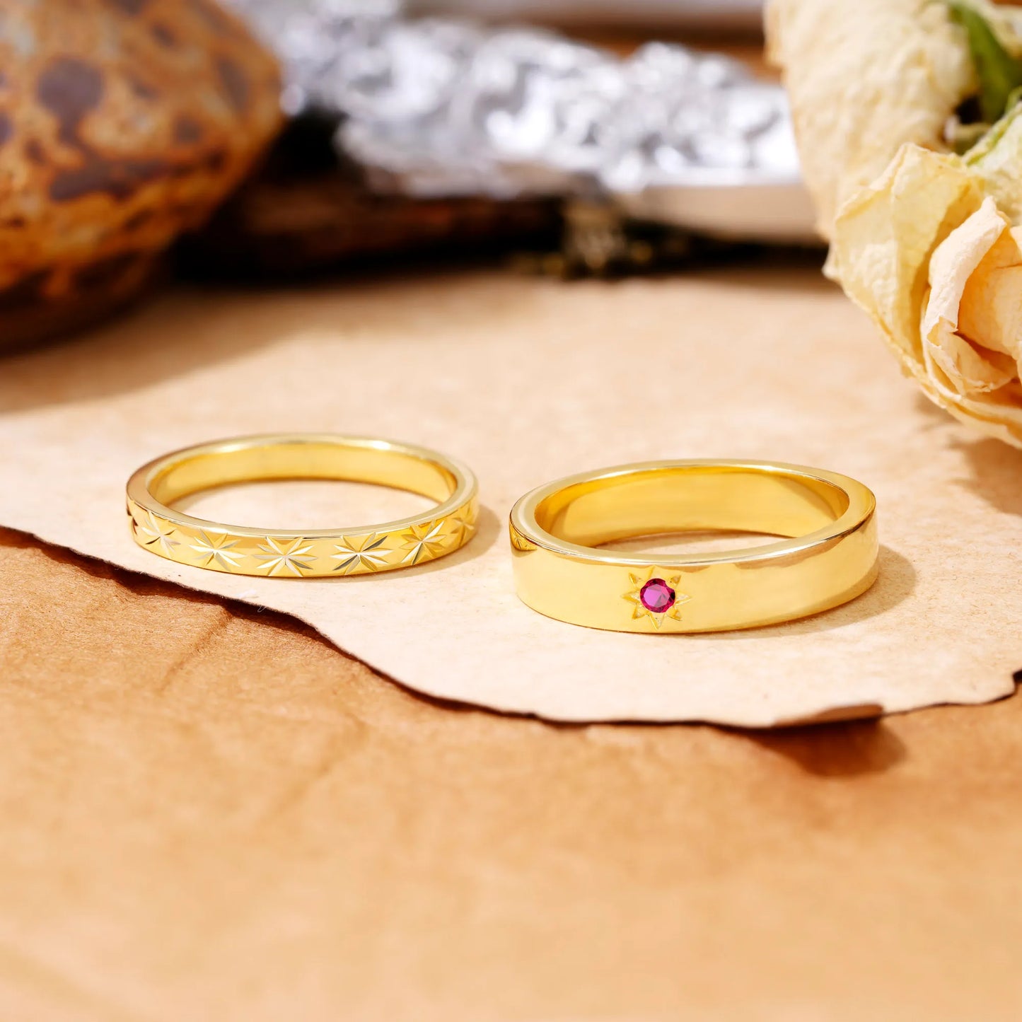 Minimalist Round Cut Starburst-Accented Ruby Wedding Ring for Couples
