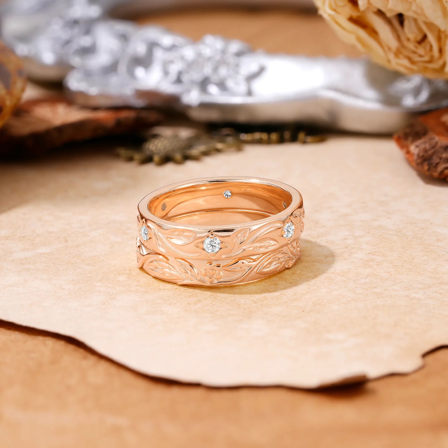 Nature-Inspired Round Cut Moissanite Gold Ring Set for Couples