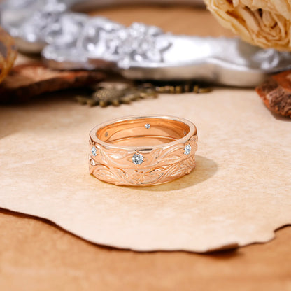 Nature-Inspired Round Cut Lab Diamond Gold Ring Set for Couples