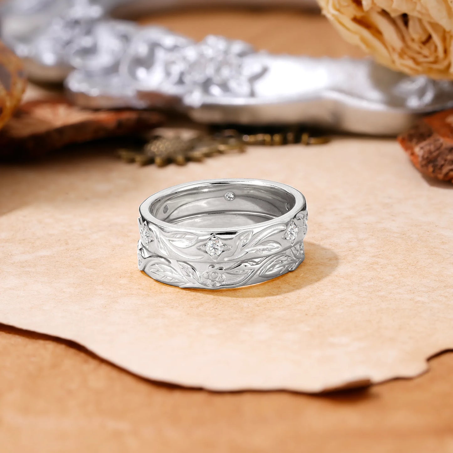 Nature-Inspired Round Cut Moissanite Gold Ring Set for Couples