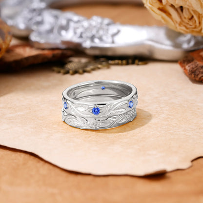 Nature-Inspired Round Cut Sapphire Gold Ring Set for Couples
