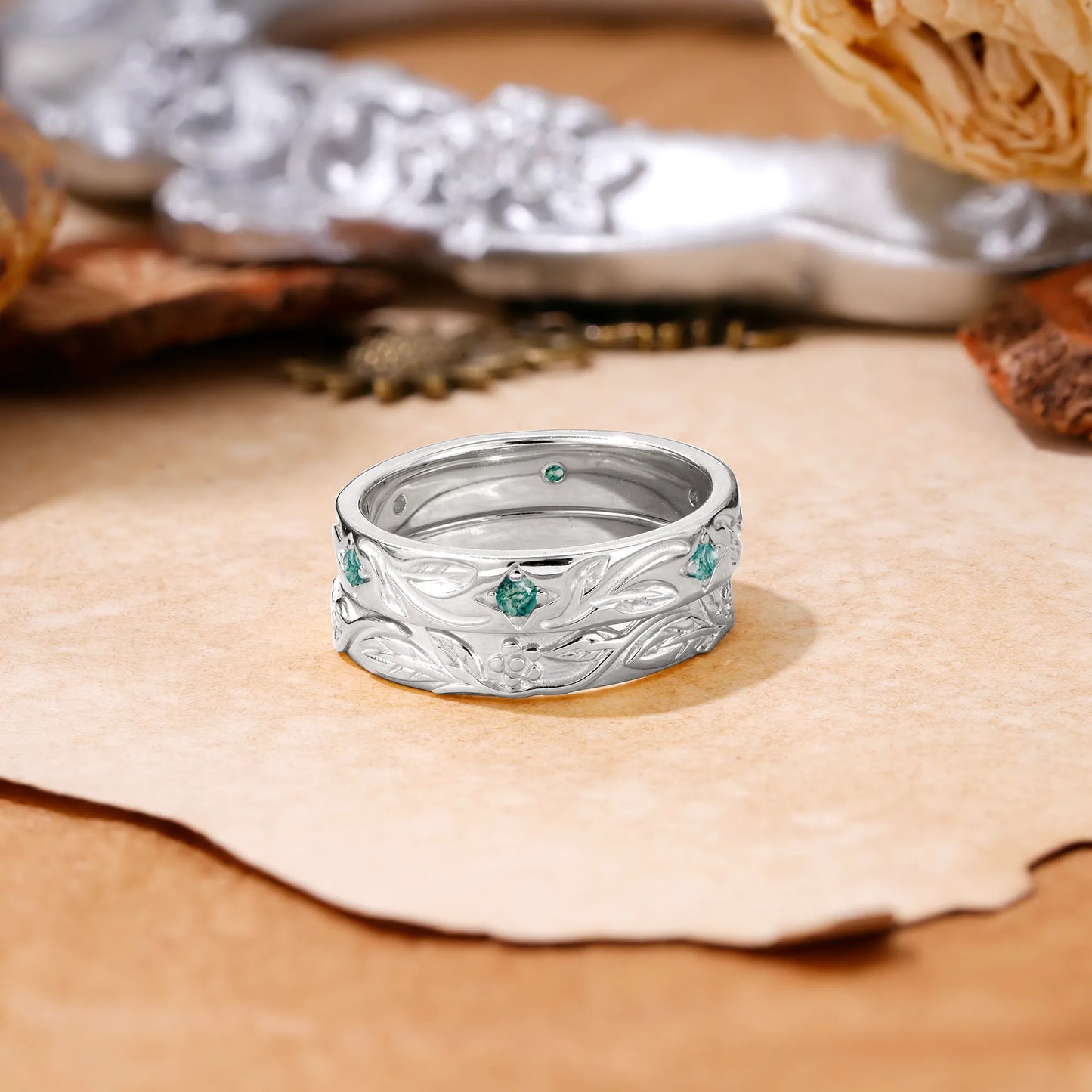 Nature-Inspired Round Cut Moss Agate Gold Ring Set for Couples