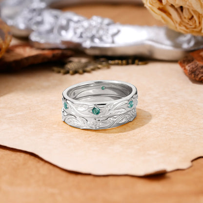 Nature-Inspired Round Cut Moss Agate Gold Ring Set for Couples