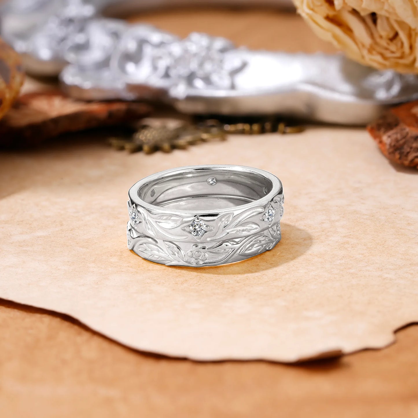 Nature-Inspired Round Cut Lab Diamond Gold Ring Set for Couples