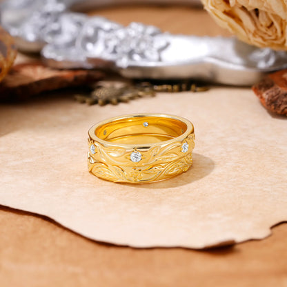 Nature-Inspired Round Cut Moissanite Gold Ring Set for Couples