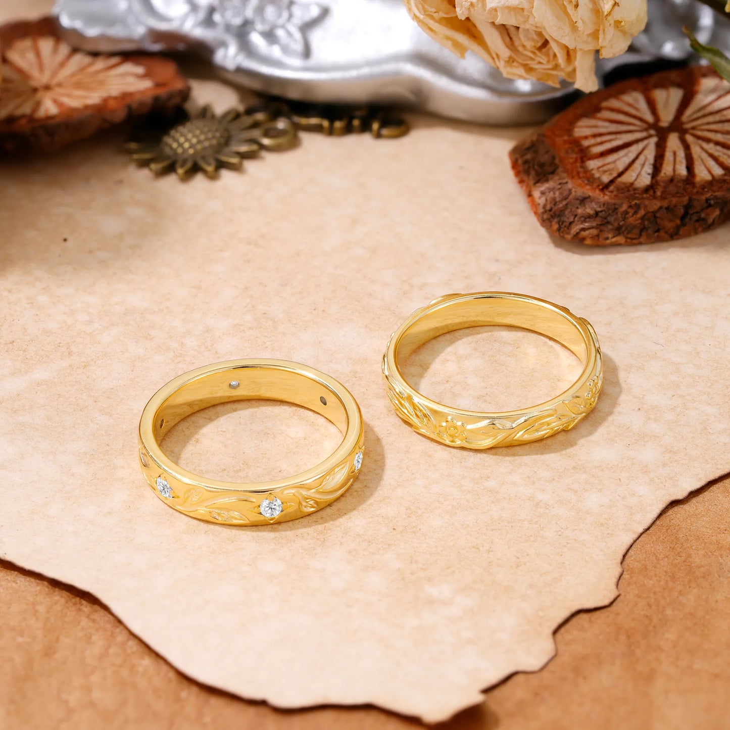 Nature-Inspired Round Cut Moissanite Gold Ring Set for Couples