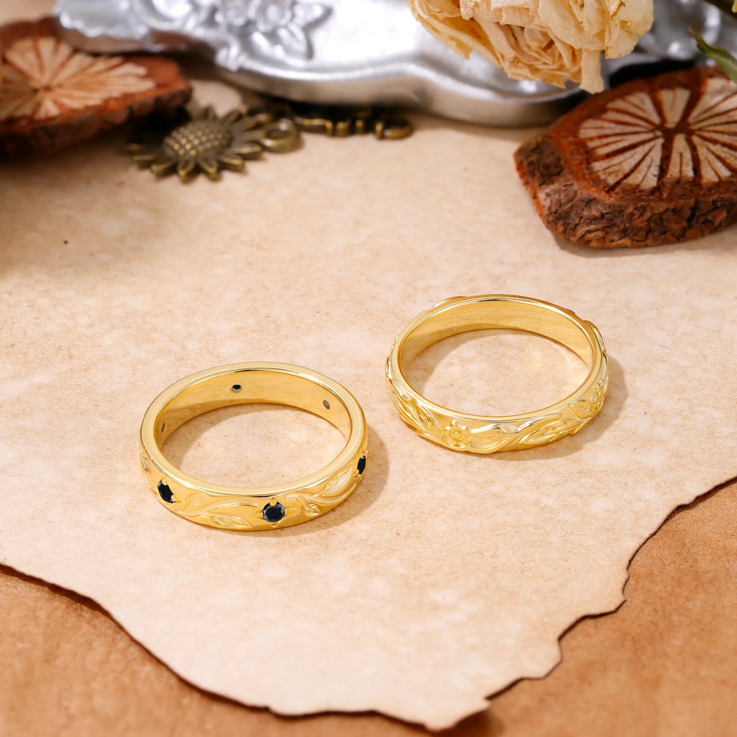 Nature-Inspired Round Cut Black Onyx Gold Ring Set for Couples
