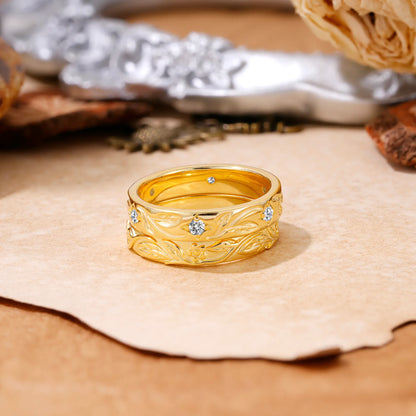 Nature-Inspired Round Cut Lab Diamond Gold Ring Set for Couples