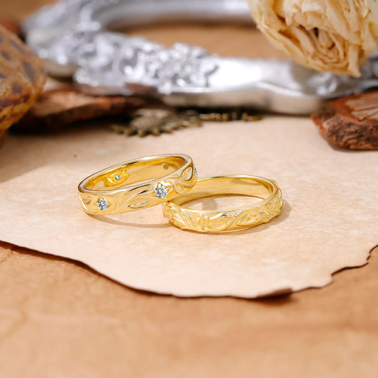 Nature-Inspired Round Cut Lab Diamond Gold Ring Set for Couples