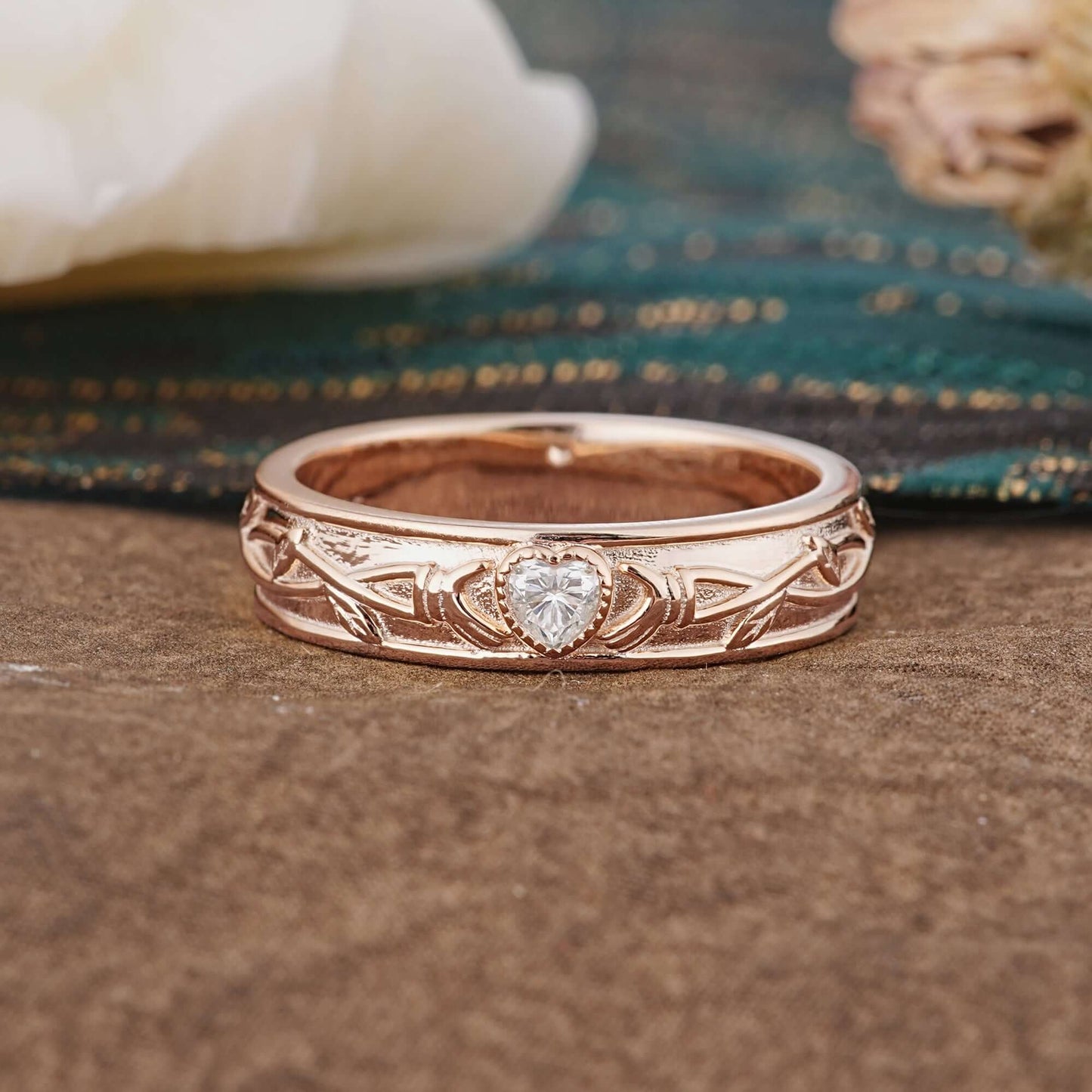 Vintage Engraved Pattern Heart Cut Men’s Lab Diamond Ring