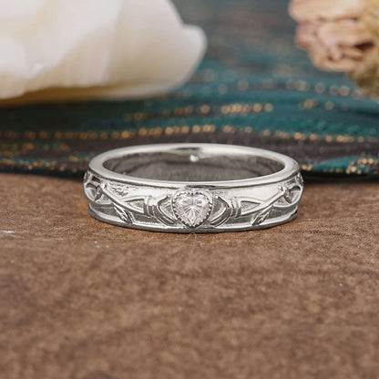 Vintage Engraved Pattern Heart Cut Men’s Lab Diamond Ring