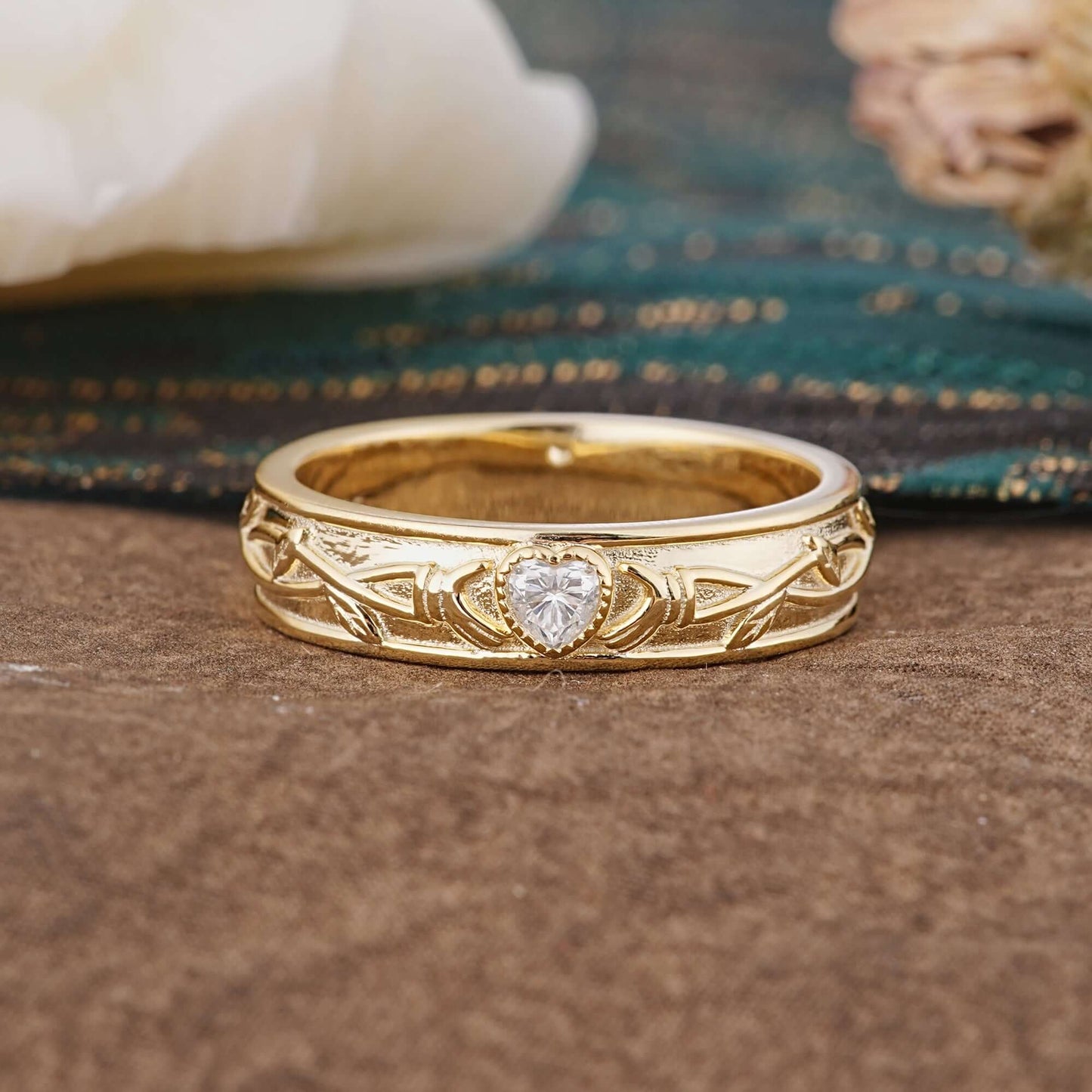 Vintage Engraved Pattern Heart Cut Men’s Lab Diamond Ring