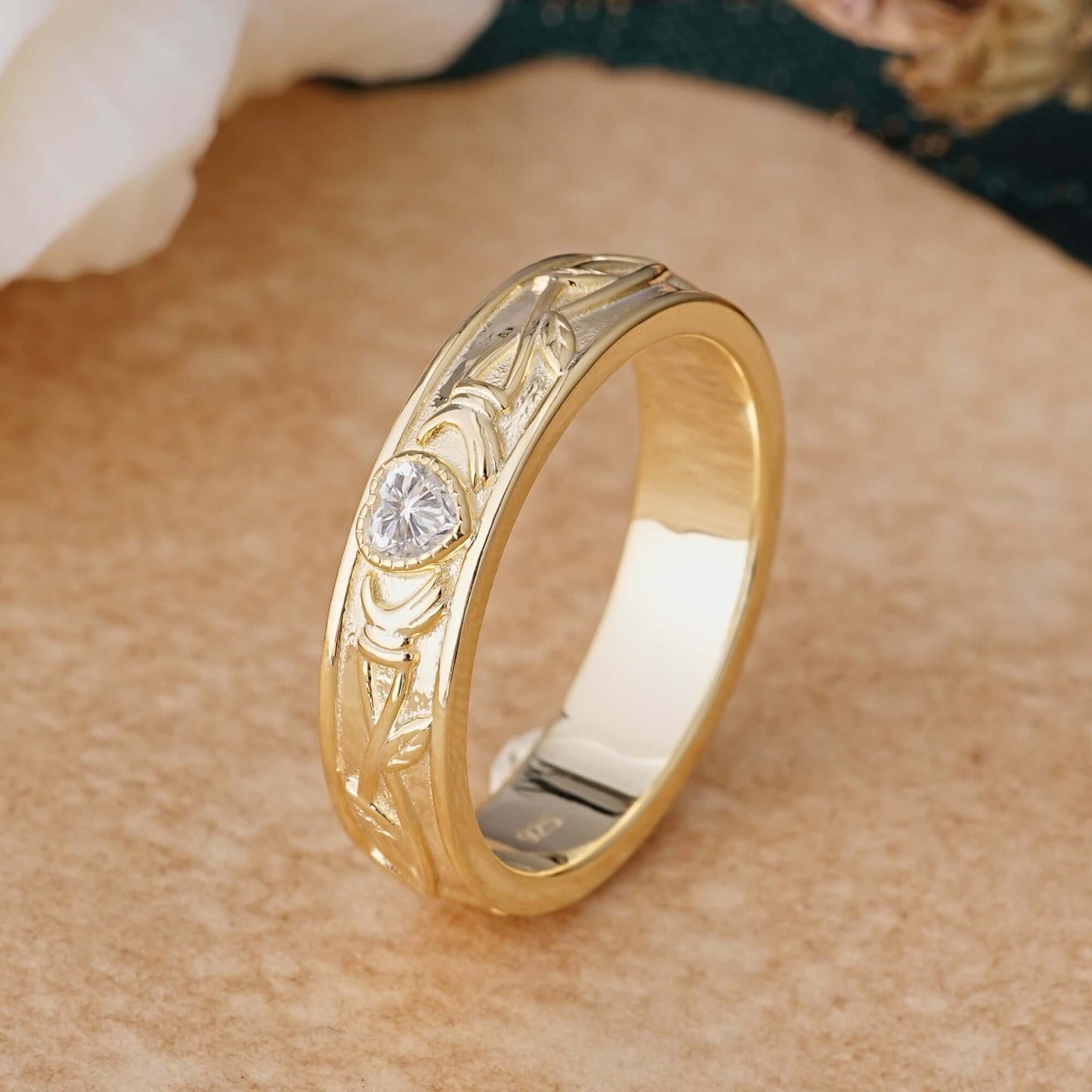Vintage Engraved Pattern Heart Cut Men’s Lab Diamond Ring