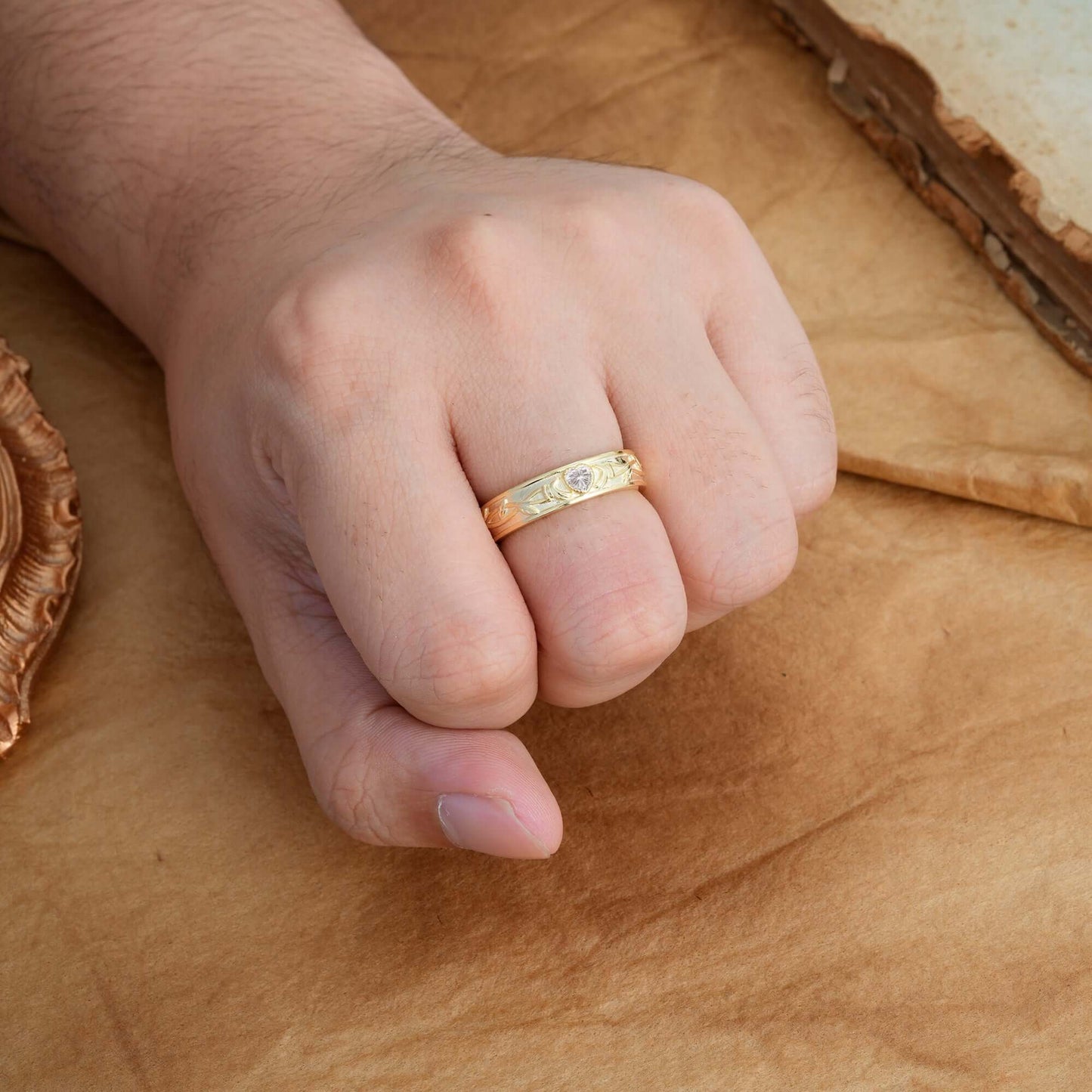 Vintage Engraved Pattern Heart Cut Men’s Lab Diamond Ring