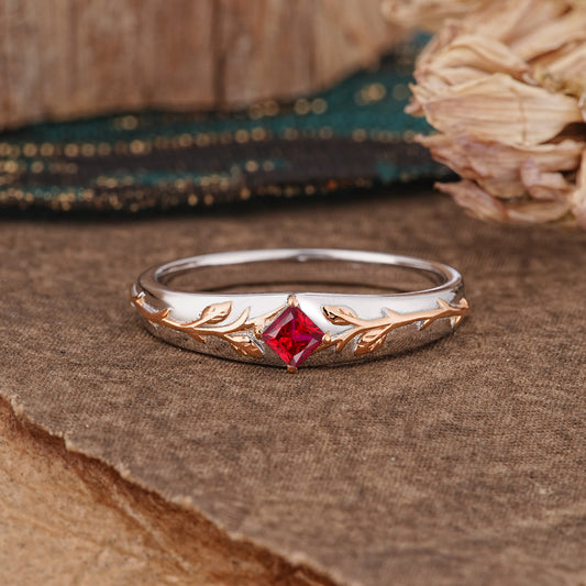 Unique 4 Prong Men's Ruby Wedding Ring with Vine Design