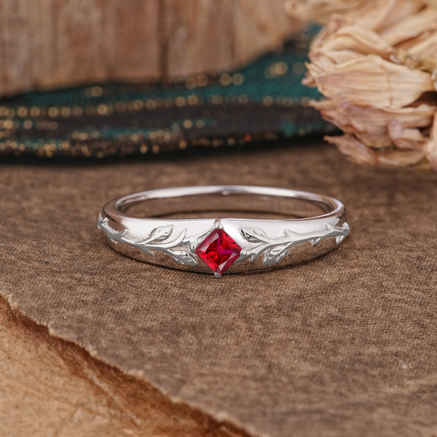 Unique 4 Prong Men's Ruby Wedding Ring with Vine Design
