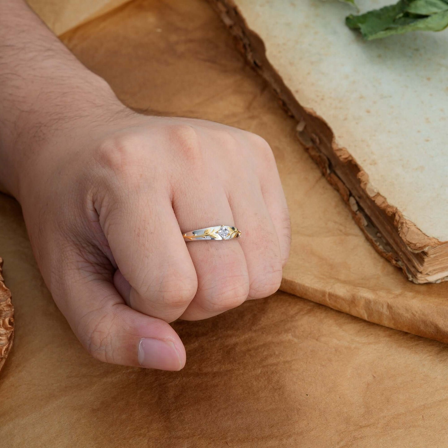 Unique 4 Prong Men's Lab Diamond Wedding Ring with Vine Design