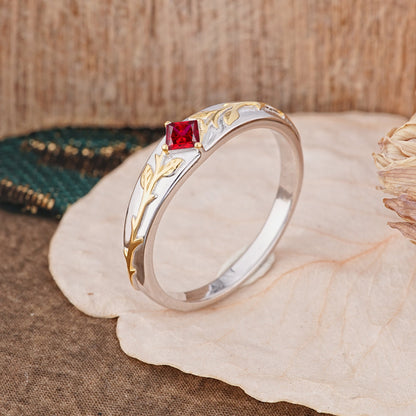 Unique 4 Prong Men's Ruby Wedding Ring with Vine Design