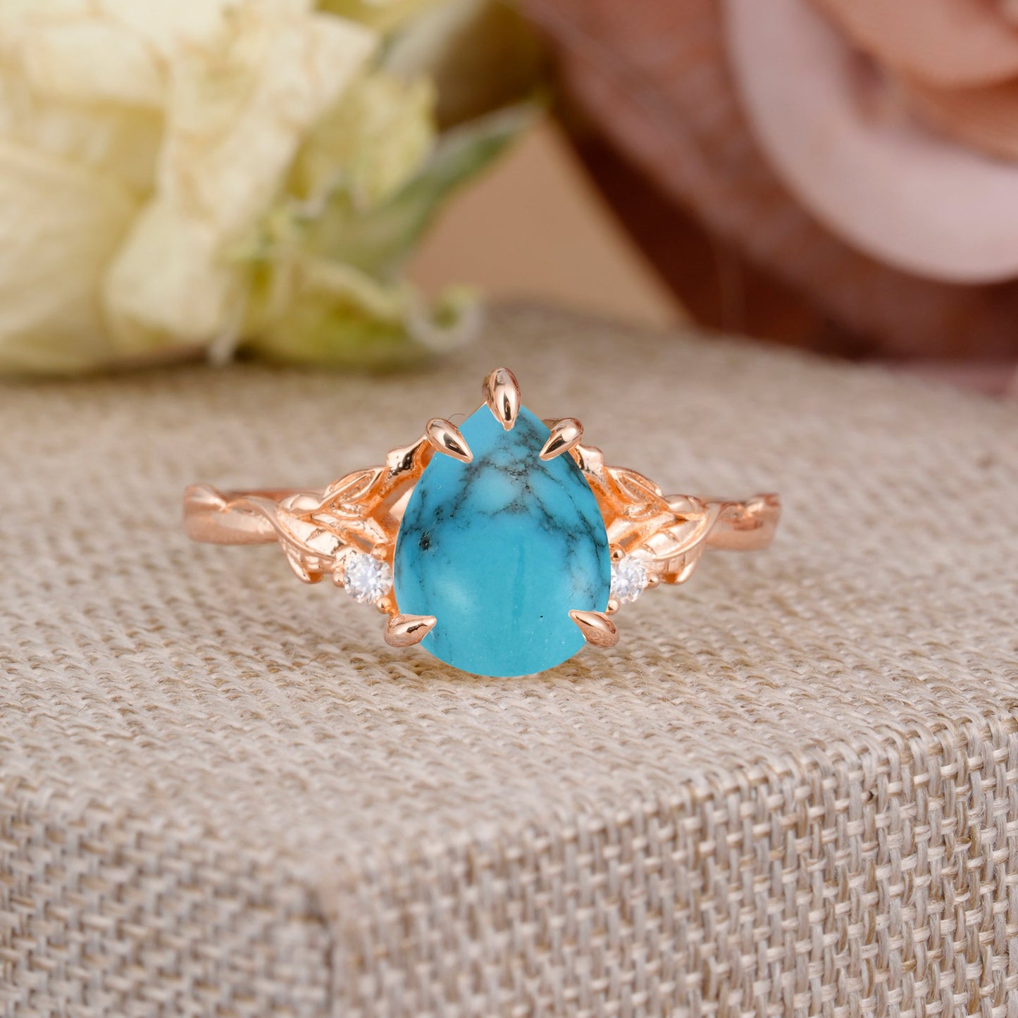 Elegant & Luxurious 5 prong Pear-Cut Turquoise Engagement Ring