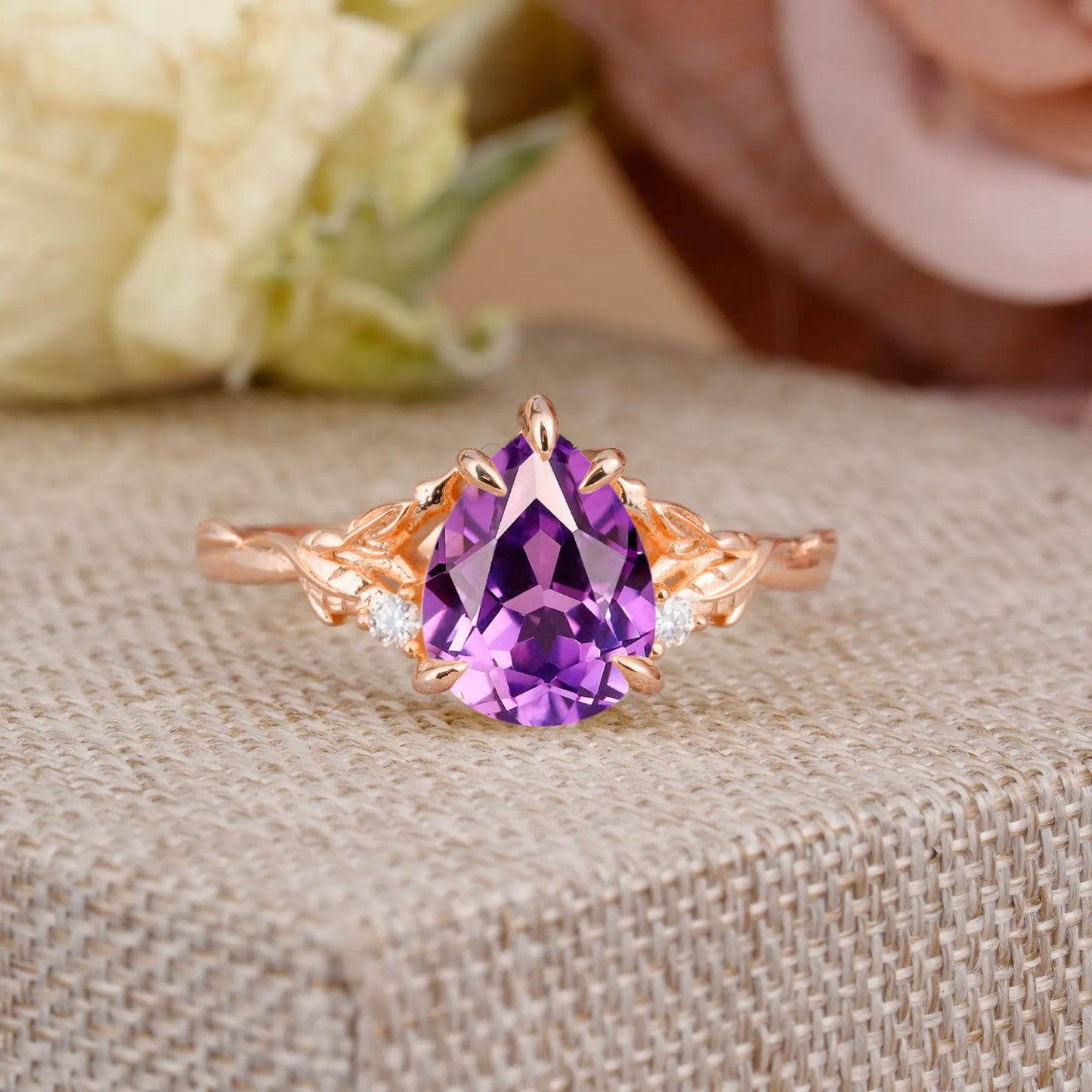 Elegant  Luxurious 5 prong Pear-Cut Natural Amethyst Wedding Band