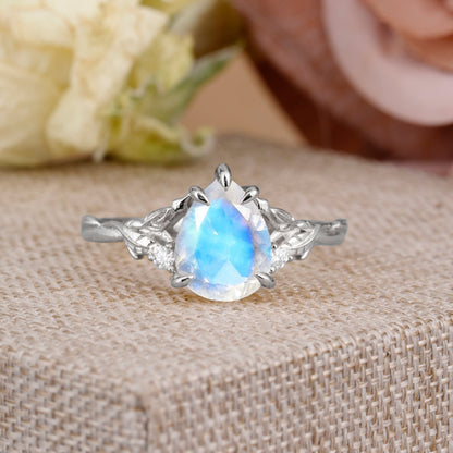 Elegant & Luxurious 5 prong Pear-Cut Moonstone Engagement Ring