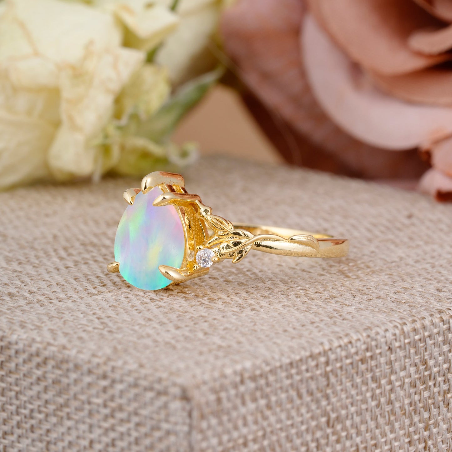 Elegant & Luxurious 5 prong Pear-Cut Fire Opal Engagement Ring