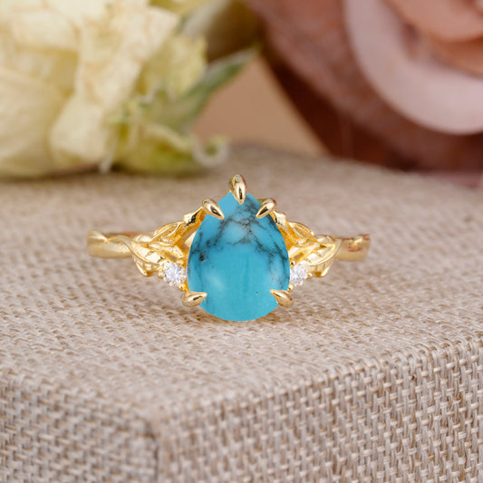 Elegant & Luxurious 5 prong Pear-Cut Turquoise Engagement Ring