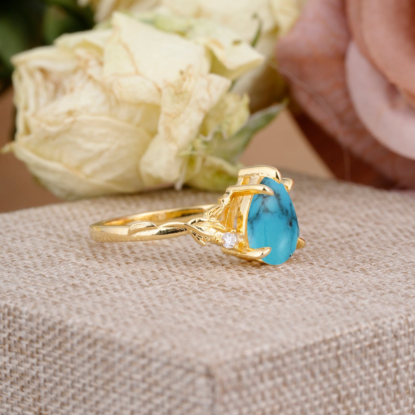 Elegant & Luxurious 5 prong Pear-Cut Turquoise Engagement Ring