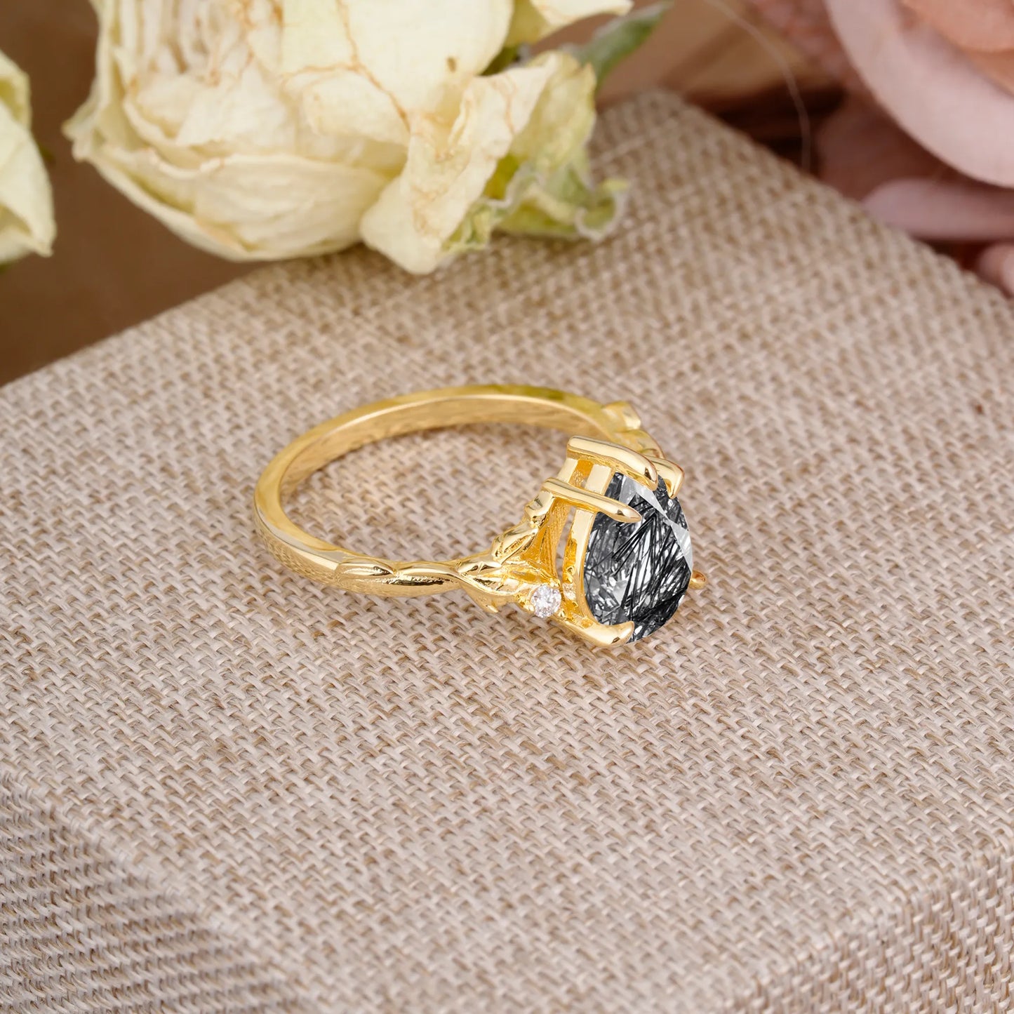Elegant  Luxurious 5 prong Pear-Cut Natural Black Rutilated Quartz Wedding Band