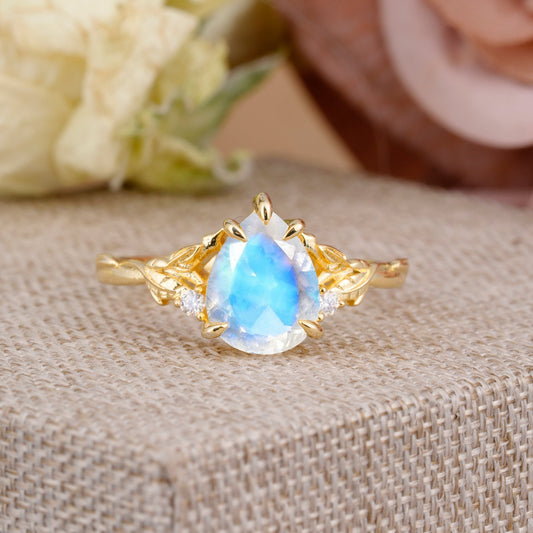 Elegant & Luxurious 5 prong Pear-Cut Moonstone Engagement Ring
