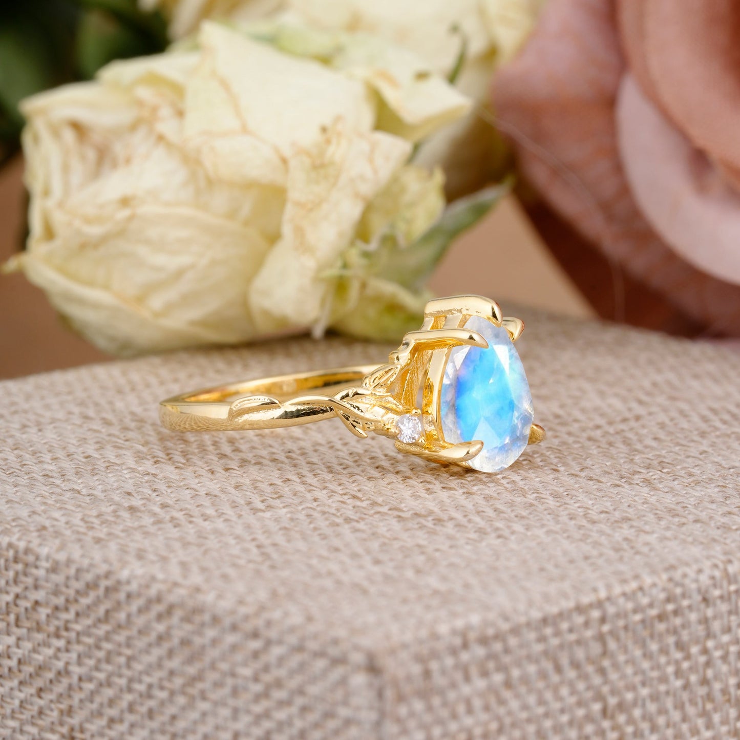 Elegant & Luxurious 5 prong Pear-Cut Moonstone Engagement Ring