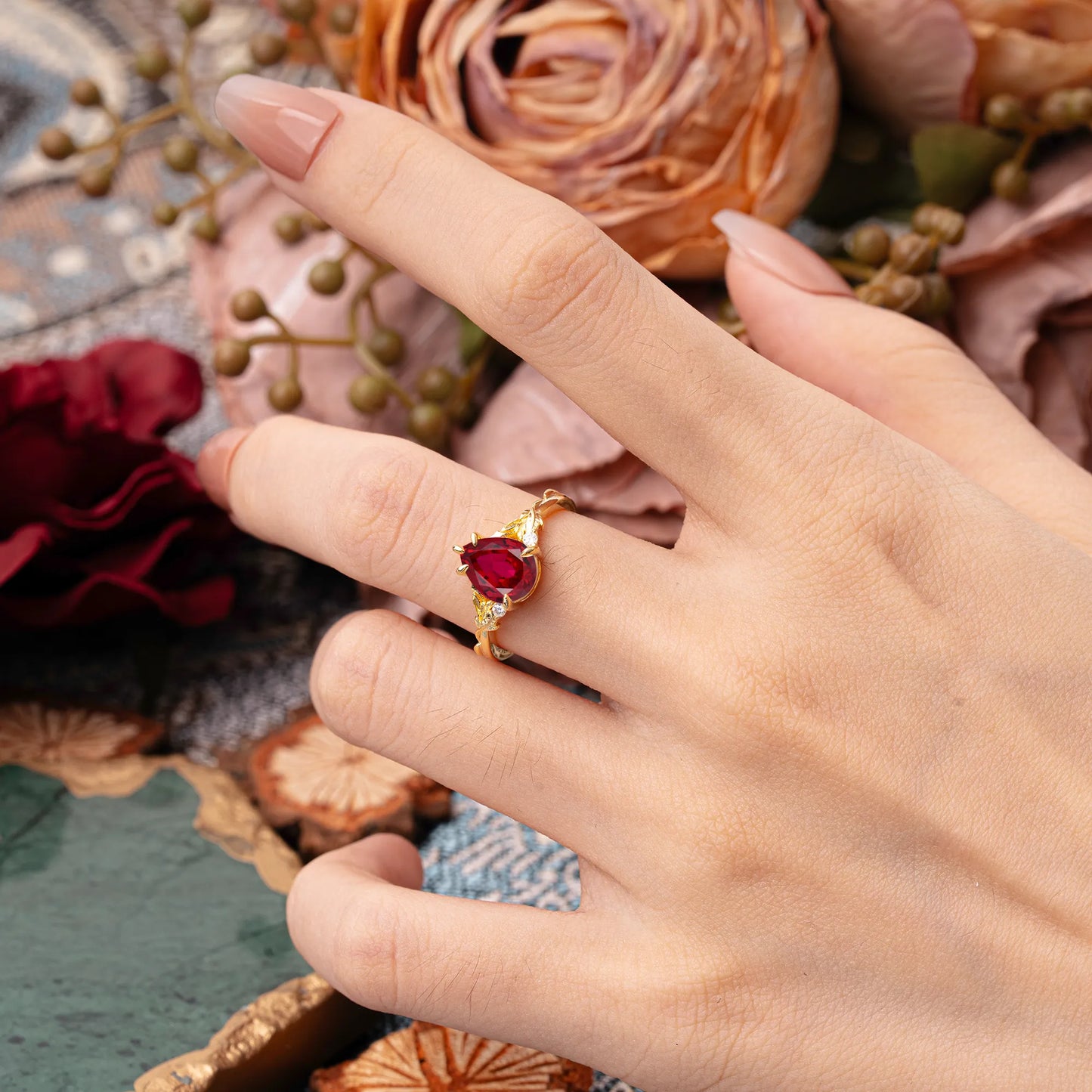 Elegant & Luxurious 5 prong Pear-Cut Ruby Wedding Band