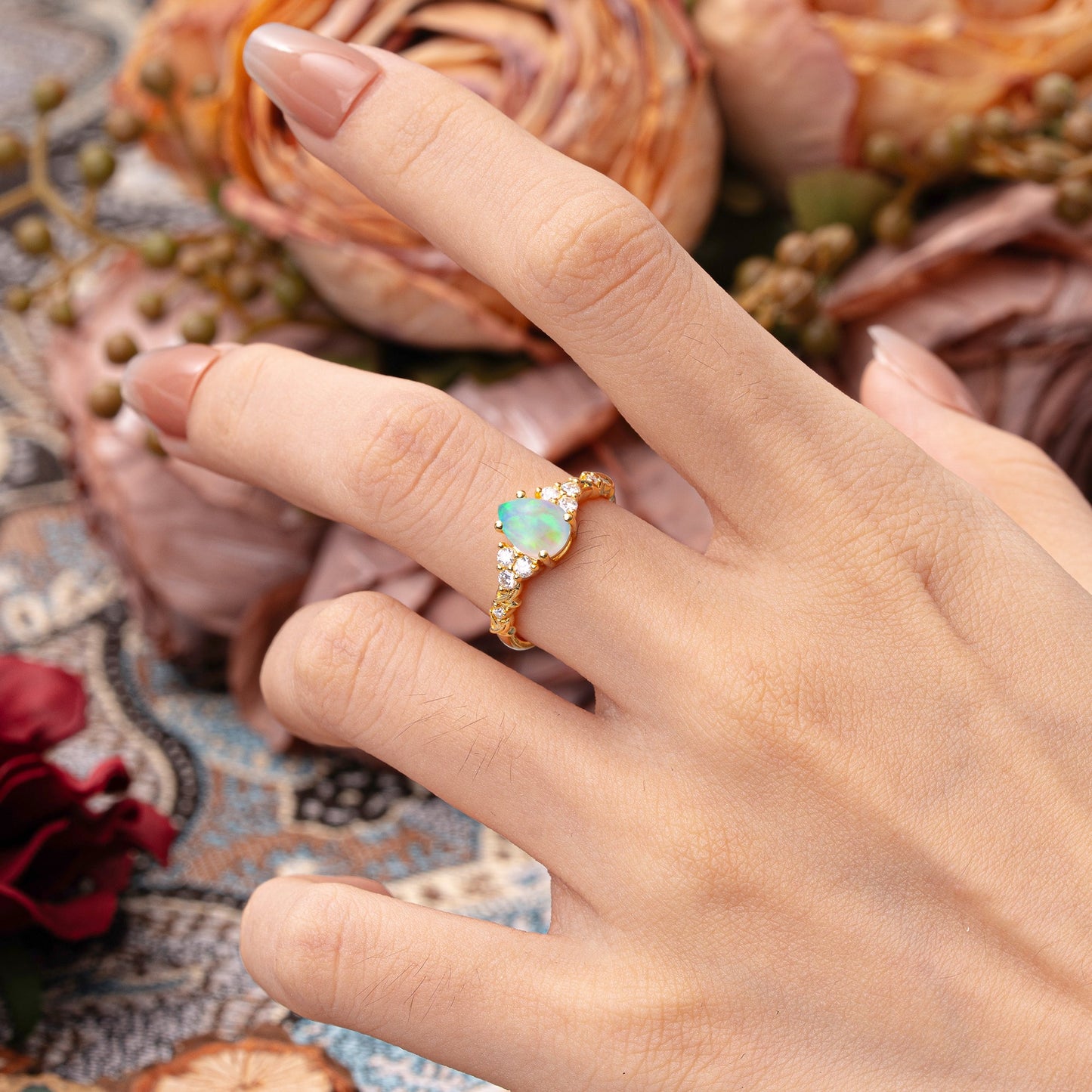 Nature-Inspired Vintage 4-Prong Pear Cut Opal Engagement Ring