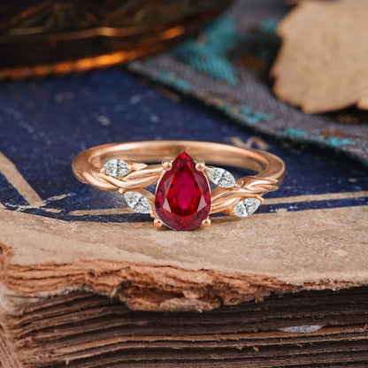 Exquisite 4-Prong Pear Cut Ruby Engagement Ring