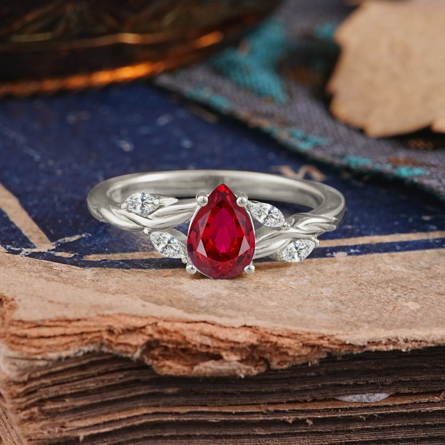 Exquisite 4-Prong Pear Cut Ruby Engagement Ring