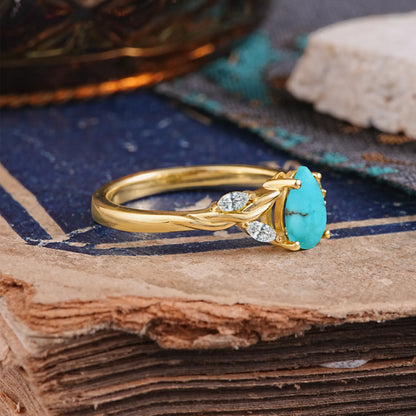 Exquisite 4-Prong Pear Cut Turquoise Engagement Ring