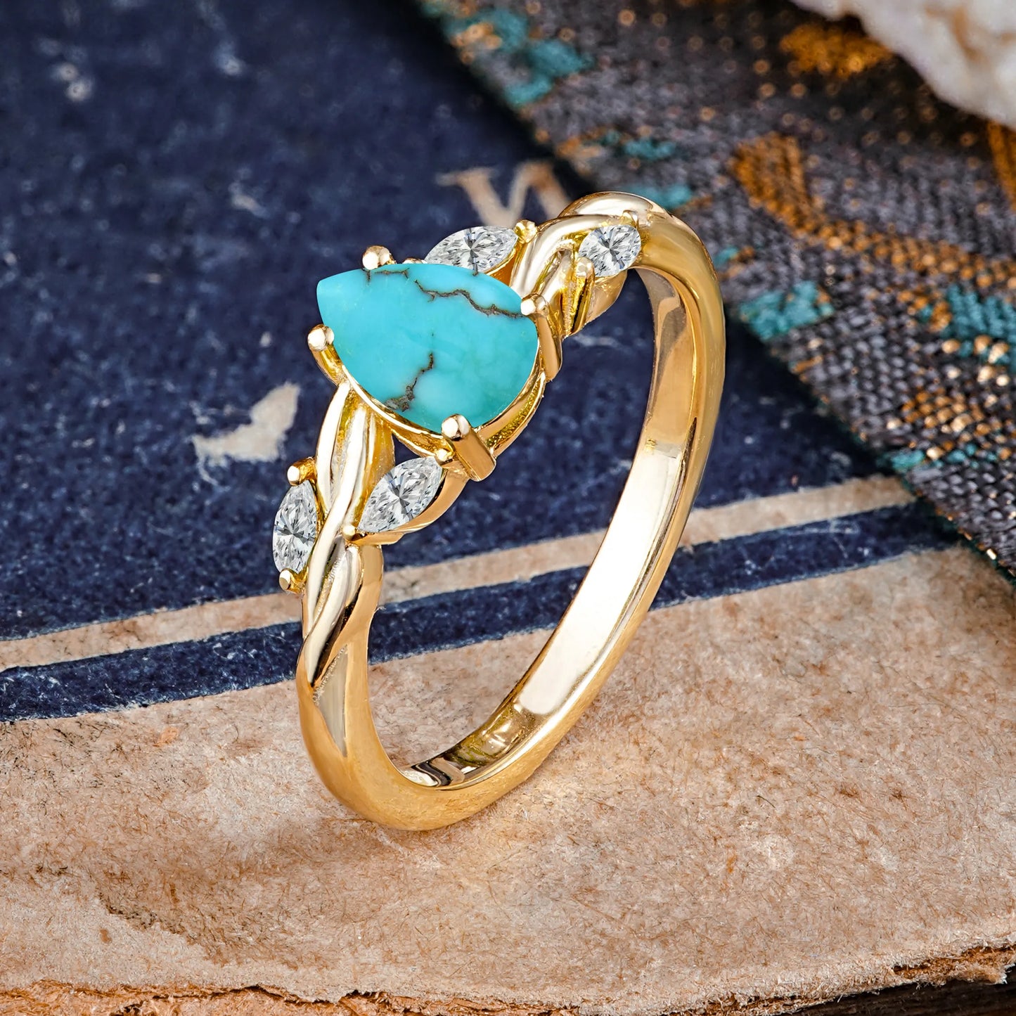 Exquisite 4-Prong Pear Cut Turquoise Engagement Ring