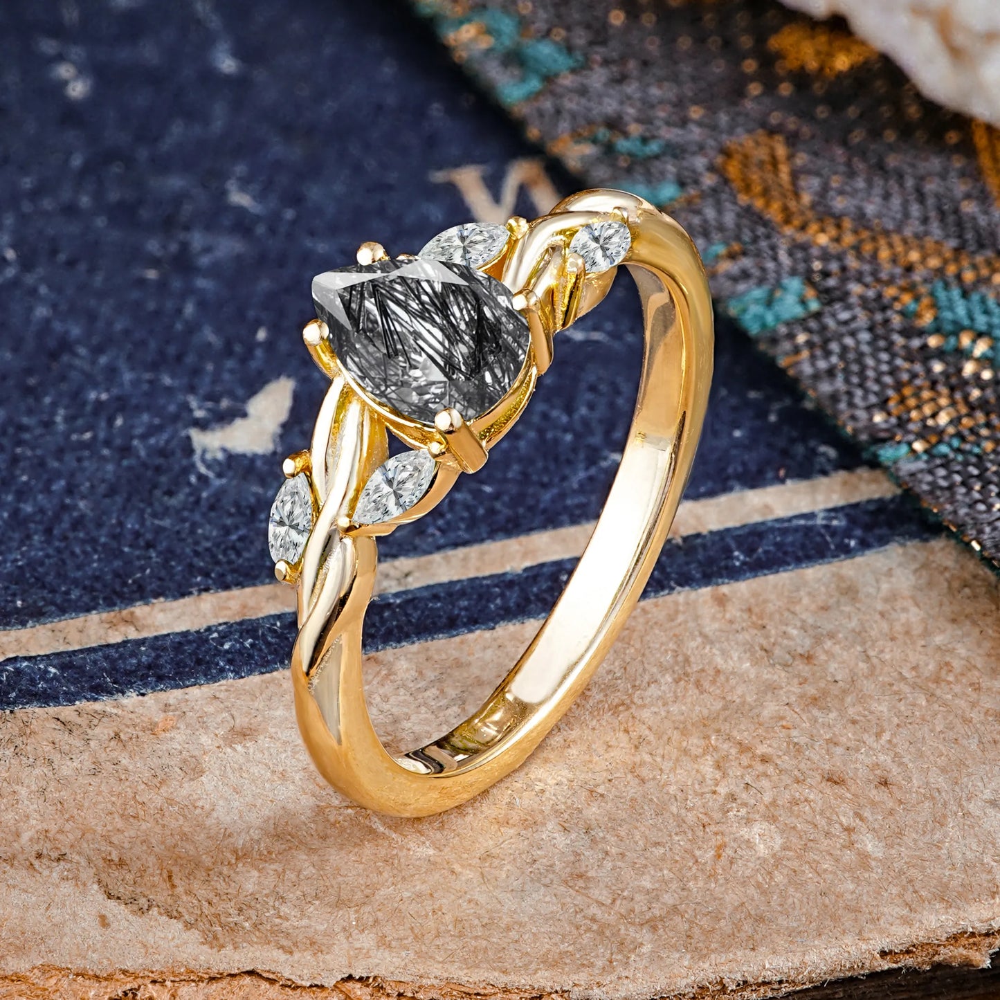 Exquisite 4-Prong Pear Cut Black Rutilated Quartz Engagement Ring
