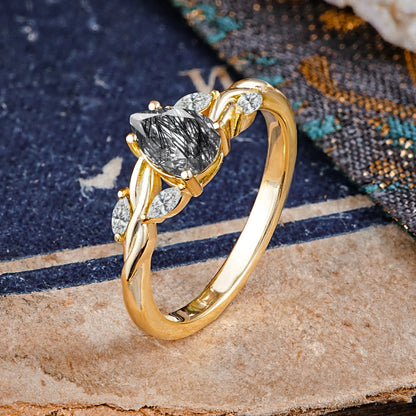 Exquisite 4-Prong Pear Cut Black Rutilated Quartz Engagement Ring