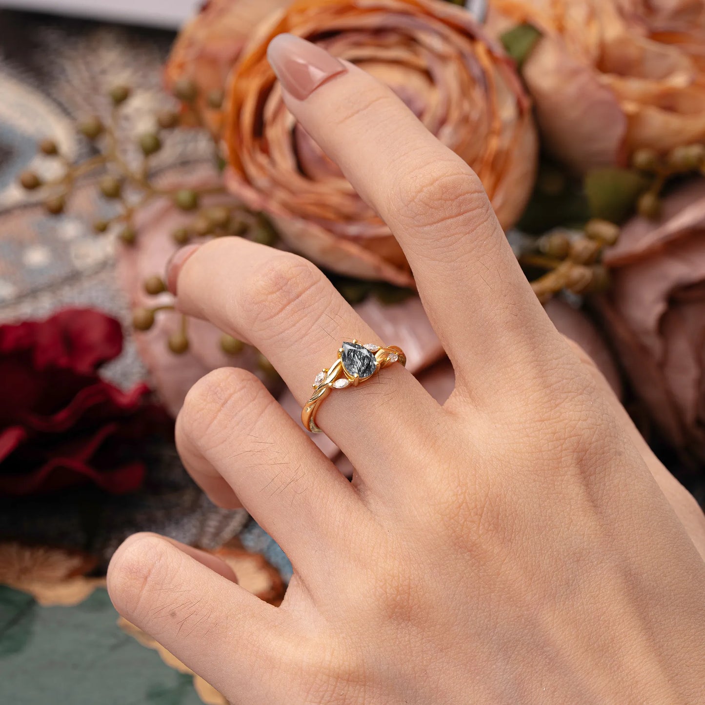 Exquisite 4-Prong Pear Cut Black Rutilated Quartz Engagement Ring
