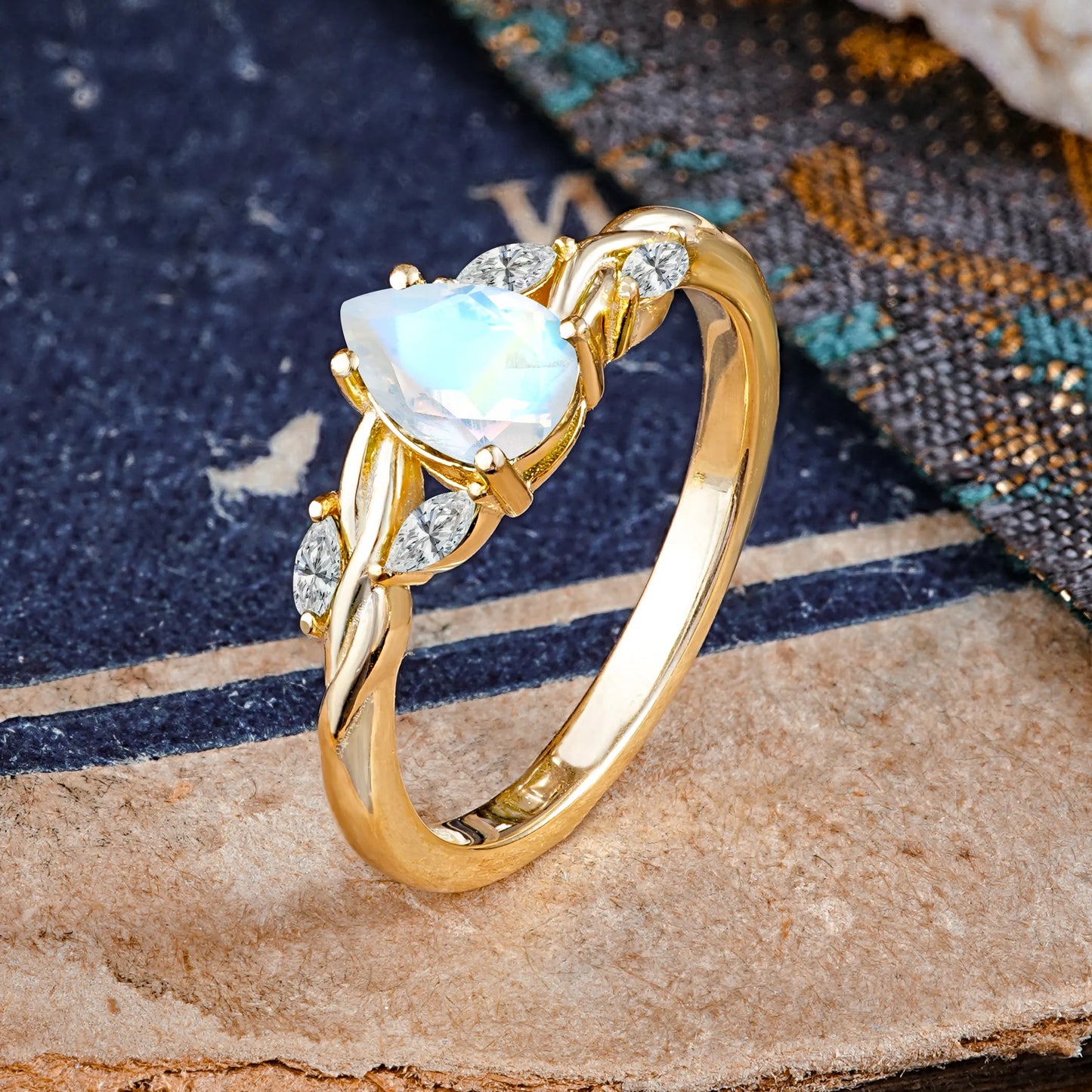 Exquisite 4-Prong Pear Cut Moonstone Engagement Ring