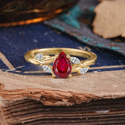 Exquisite 4-Prong Pear Cut Ruby Engagement Ring