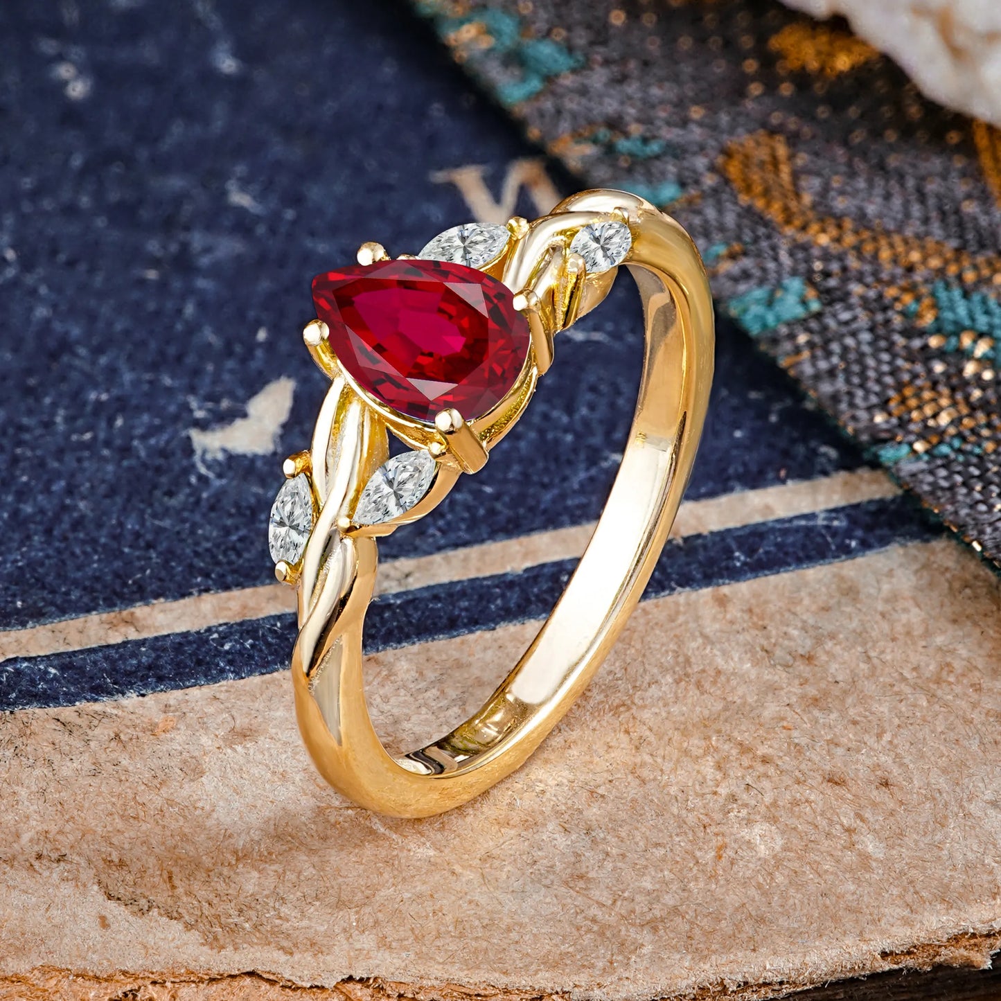 Exquisite 4-Prong Pear Cut Ruby Engagement Ring